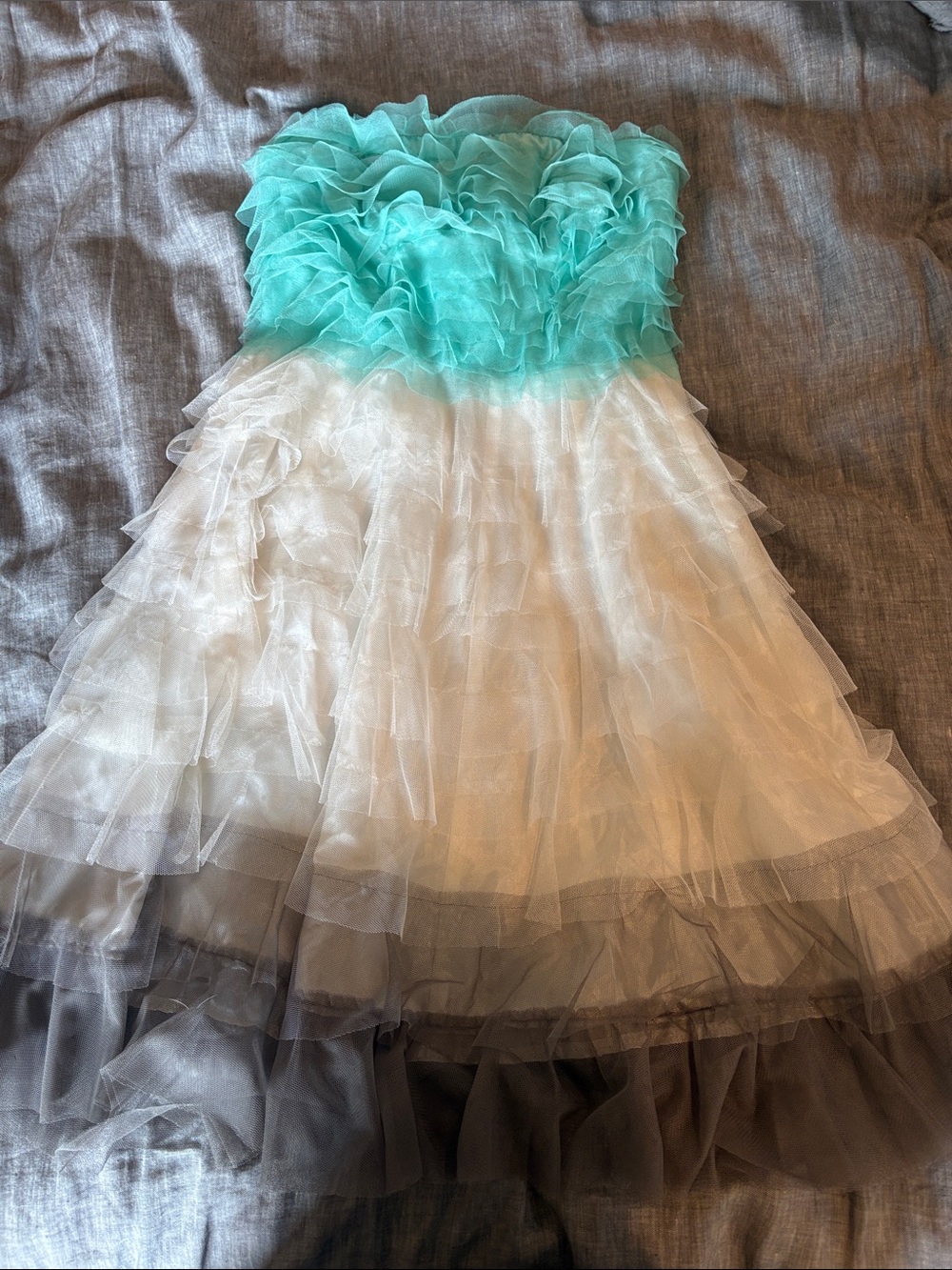 Strapless Ruffled Tulle Dress in Aqua and White